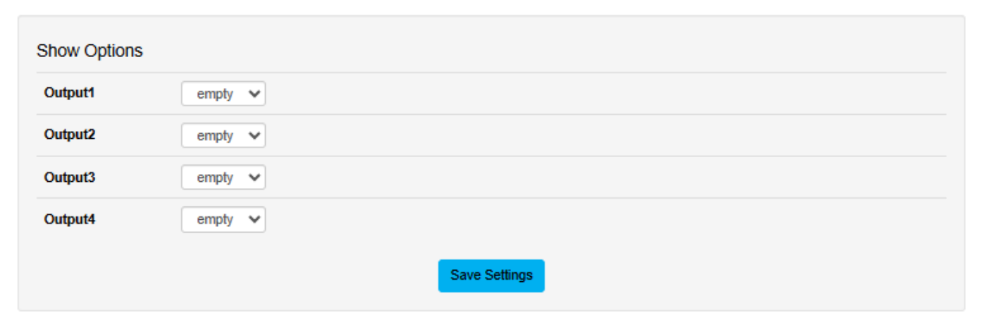 OCTO MK3 Standalone — Show Options panel assigning a saved effect to each of Output 1 to Output 4