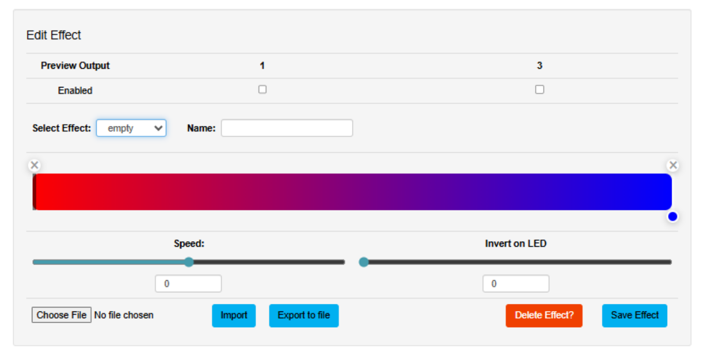 OCTO MK3 Standalone — Edit Effect panel with Preview Output, Select Effect dropdown, editable gradient bar, Speed and Invert on LED controls