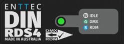 DIN RDS4 MK2 LED indicator reference — colour key visible on the device label: White Idle, Green DMX, Blue RDM