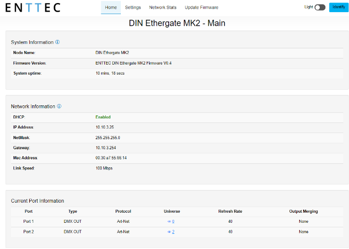 DIN ETHERGATE MK2 web interface — Home tab
