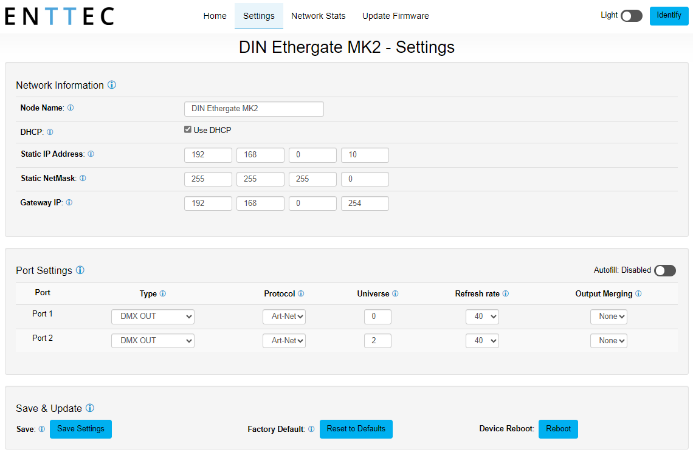 DIN ETHERGATE MK2 web interface — Settings tab