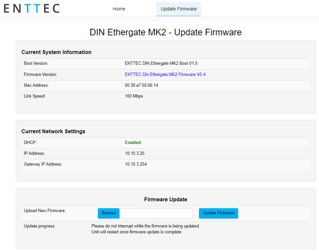 DIN ETHERGATE MK2 web interface — Update Firmware tab