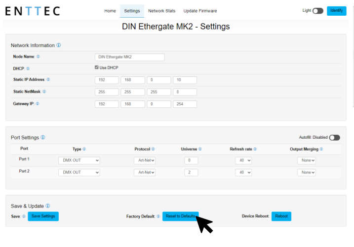 DIN ETHERGATE MK2 web interface — Settings tab with the cursor selecting the Factory Default / Reset to Defaults command