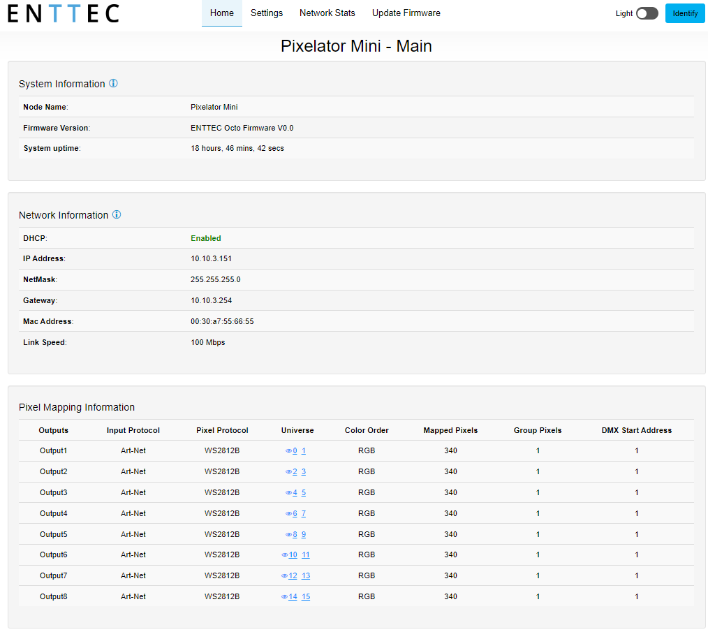 Pixelator Mini web interface — Home tab showing System Information, Network Information and Pixel Mapping Information tables