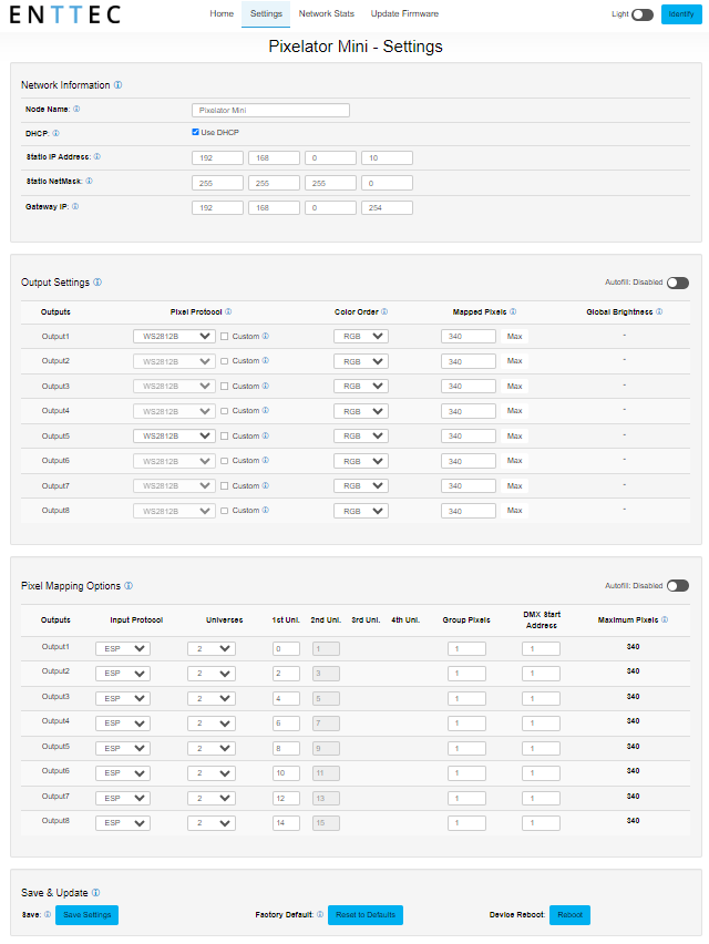 Pixelator Mini web interface — Settings tab showing Network Information, Output Settings (per-port pixel protocol, colour order, mapped pixels) and Save & Update controls