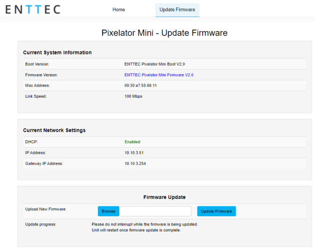 Pixelator Mini web interface — Update Firmware tab showing Current System Information, Current Network Settings and Firmware Update controls