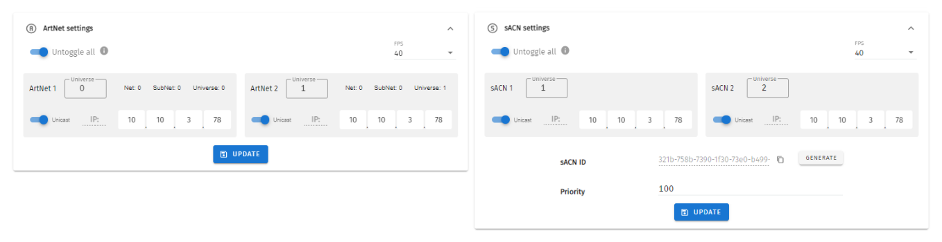 S-PLAY LITE Settings — Art-Net settings and sACN settings panels, each configuring the 16 internal universes with unicast/multicast/broadcast, IP, Net/Subnet/Universe and refresh rate, plus the sACN ID and Priority controls