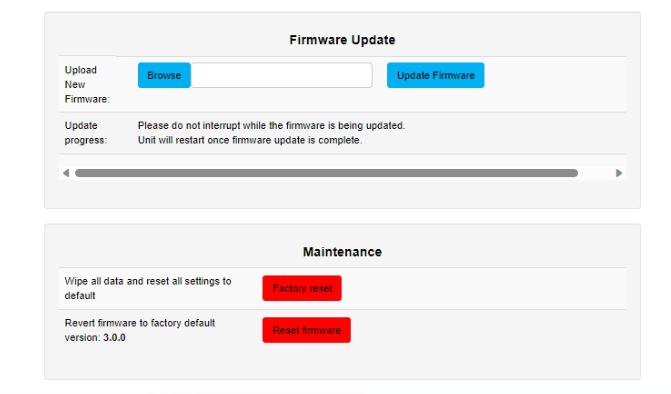 S-PLAY LITE boot page — Firmware Update panel with Browse and Update Firmware controls, and a Maintenance panel with Factory reset and Reset firmware buttons