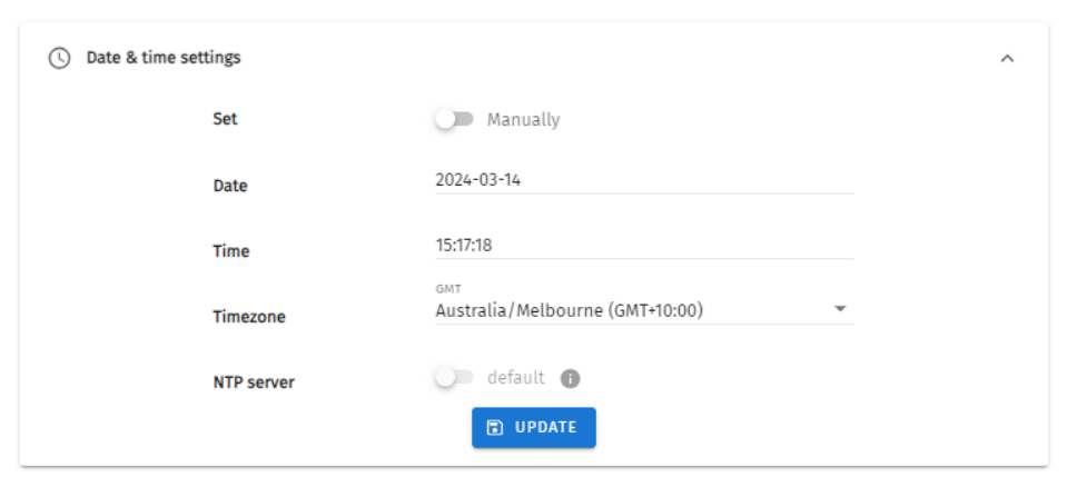 S-PLAY LITE Settings — Date & time settings panel with manual/auto toggle, Date, Time, Timezone (GMT) and NTP server options