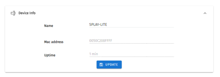 S-PLAY LITE Settings — Device Info panel showing editable Name, Mac address and Uptime with an Update button