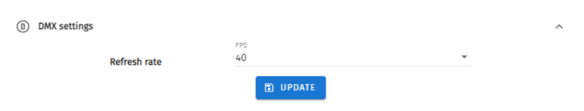 S-PLAY LITE Settings — DMX settings panel with the output Refresh rate (FPS) field and Update button