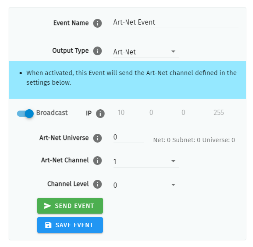 S-PLAY LITE Art-Net Event configuration — Event Name, Output Type Art-Net, with Broadcast, IP, Art-Net Universe, Art-Net Channel and Channel Level fields