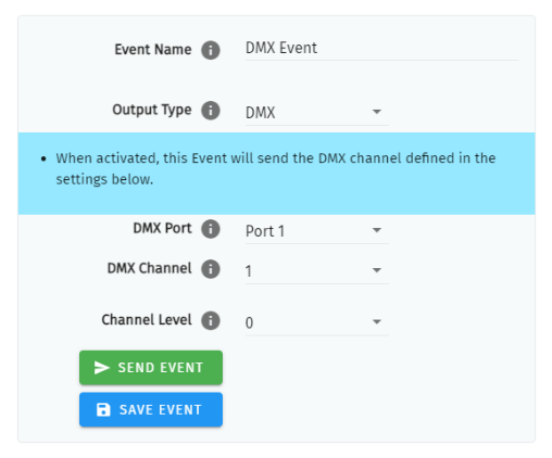 S-PLAY LITE DMX Event configuration — Event Name, Output Type DMX, with DMX Port, DMX Channel and Channel Level fields