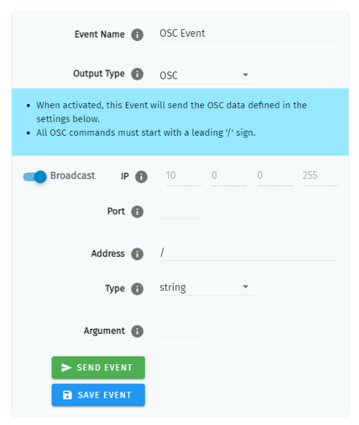 S-PLAY LITE OSC Event configuration — Event Name, Output Type OSC, with Broadcast, IP, Port, Address, Type and Argument fields and Send Event / Save Event buttons