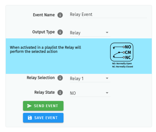 S-PLAY LITE Relay Event configuration — Event Name, Output Type Relay, Relay Selection and Relay State (NO/NC) with a NO/CM/NC contact diagram