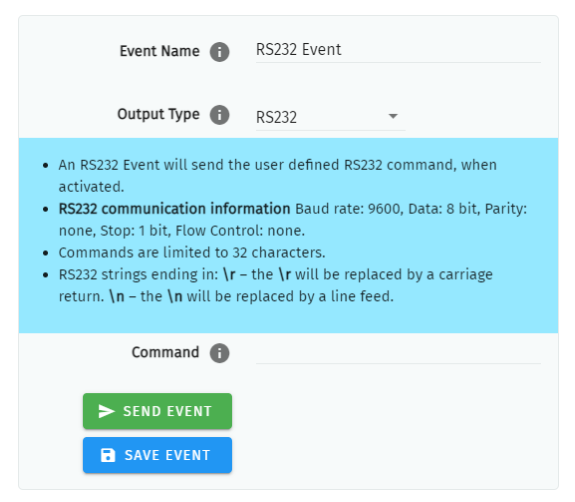 S-PLAY LITE RS232 Event configuration — Event Name, Output Type RS232, the RS232 communication information and the Command field with Send Event and Save Event buttons