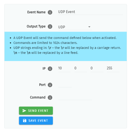 S-PLAY LITE UDP Event configuration — Event Name, Output Type UDP, with IP, Port and Command fields and Send Event / Save Event buttons