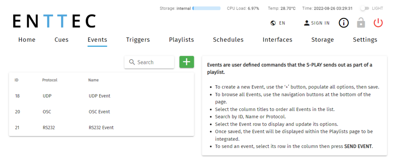 S-PLAY LITE Events page — list of created events by ID, Protocol and Name with a Search field, create + button and an explanation panel