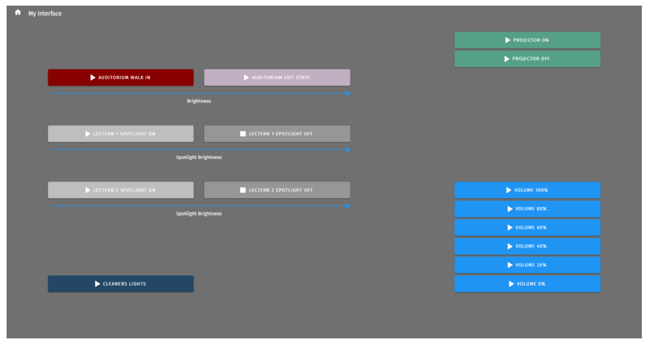 S-PLAY LITE example custom interface — a venue control layout with Auditorium walk-in / exit, lectern spotlight, projector and volume preset buttons linked to playlists