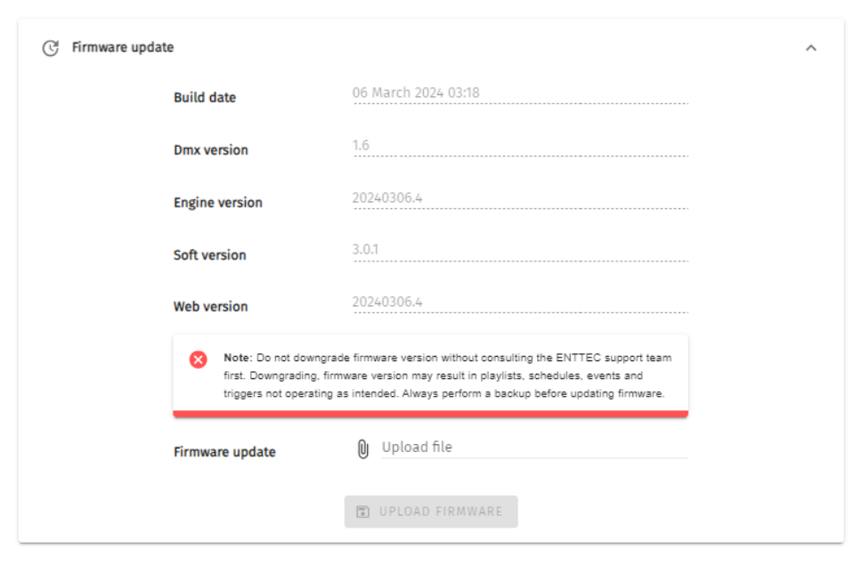 S-PLAY LITE Settings — Firmware update panel showing Build date, Dmx version, Engine version, Soft version and Web version, a downgrade warning Note and the Upload file / Upload Firmware controls