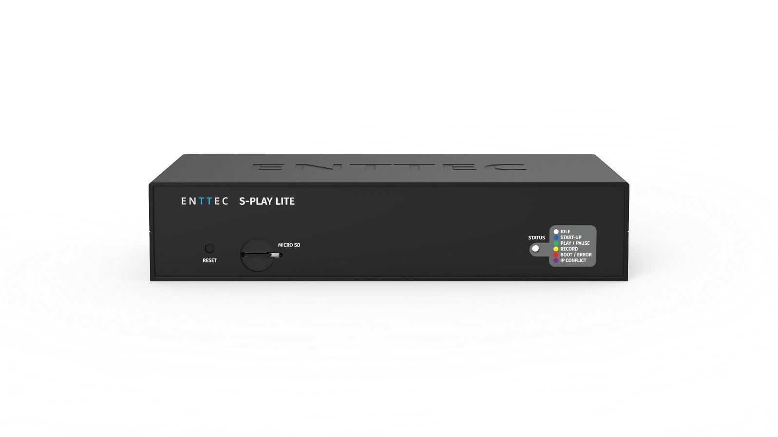 S-PLAY LITE product photo — front panel with Reset button, Micro SD slot and the STATUS LED legend (Idle, Start-up, Play/Pause, Record, Boot/Error, IP Conflict)