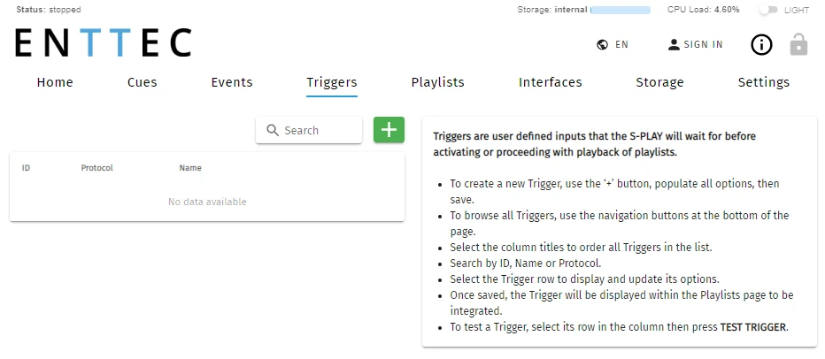 S-PLAY LITE Triggers page