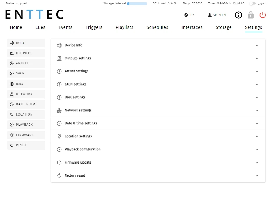 S-PLAY LITE Settings page