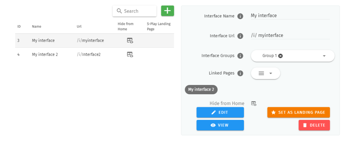 S-PLAY LITE Interfaces page — list of created interfaces with URL, Hide from Home and S-Play Landing Page options, alongside the Interface editor (Interface Name, URL, Interface Groups, Linked Pages) with Edit, View, Set as Landing Page and Delete