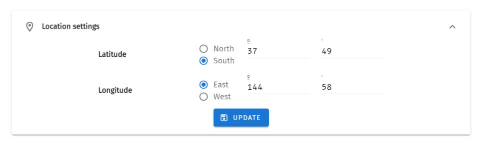 S-PLAY LITE Settings — Location settings panel with Latitude (North/South) and Longitude (East/West) fields