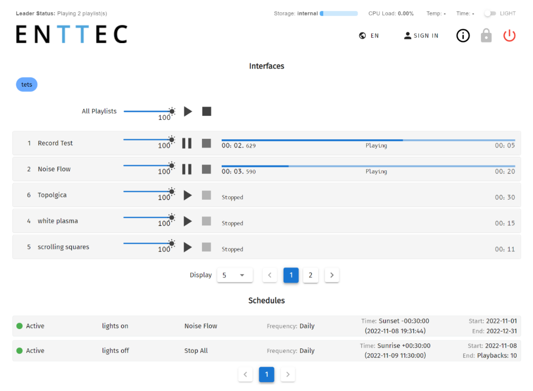 S-PLAY LITE Home page when locked — Interfaces, All Playlists and per-playlist controls plus Schedules, with the padlock engaged in the top-right corner