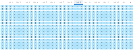 S-PLAY LITE Monitor DMX Current — full per-channel DMX value grid across the universes (Uni. 1 onward) with the universe selector row and live 0–255 channel values