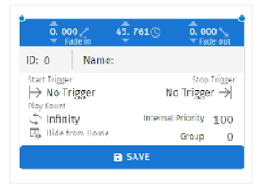 S-PLAY LITE playlist playback configuration — Start Trigger and Stop Trigger selectors with Fade In, Fade Out, Play Count, Internal Priority, Group and the Save button