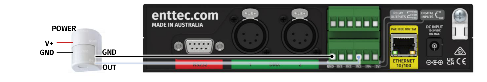 S-PLAY LITE motion sensor connection diagram — sensor POWER (V+), GND and OUT wired to the S-PLAY LITE Digital Input and GND terminals on the connector block