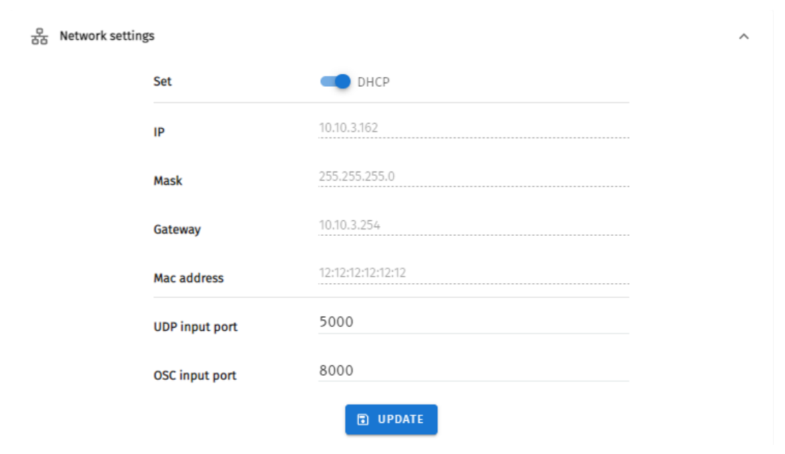 S-PLAY LITE Settings — Network settings panel with DHCP toggle, IP, Mask, Gateway, Mac address, UDP input port and OSC input port