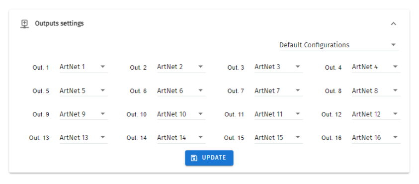 S-PLAY LITE Settings — Output settings panel assigning each of the 16 internal universes (Out. 1 to Out. 16) to a protocol such as Art-Net, with a Default Configurations selector and Update button