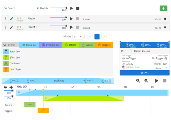 S-PLAY LITE Playlists page — All Playlists master control, per-playlist controls, the cue / trigger / event library and a configured timeline editor with cue, event and trigger tracks