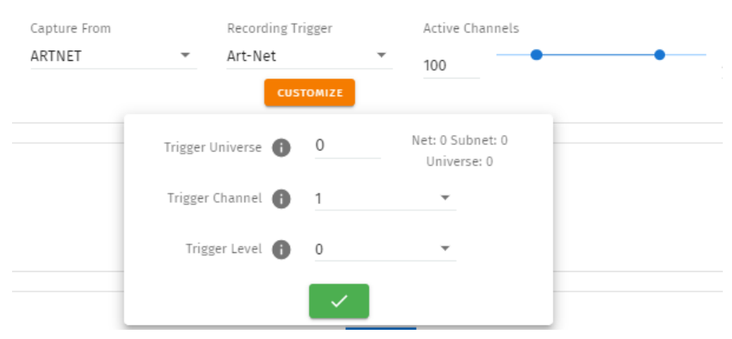 S-PLAY LITE dynamic cue Recording Trigger — Capture From ARTNET, Recording Trigger Art-Net with a CUSTOMIZE popup setting Trigger Universe, Trigger Channel and Trigger Level