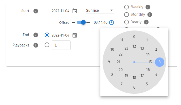 S-PLAY LITE schedule Start Condition — Start set to Sunrise with an Offset, and the clock dial used to set a specific hour (inner circle hours past noon, outer circle before noon)