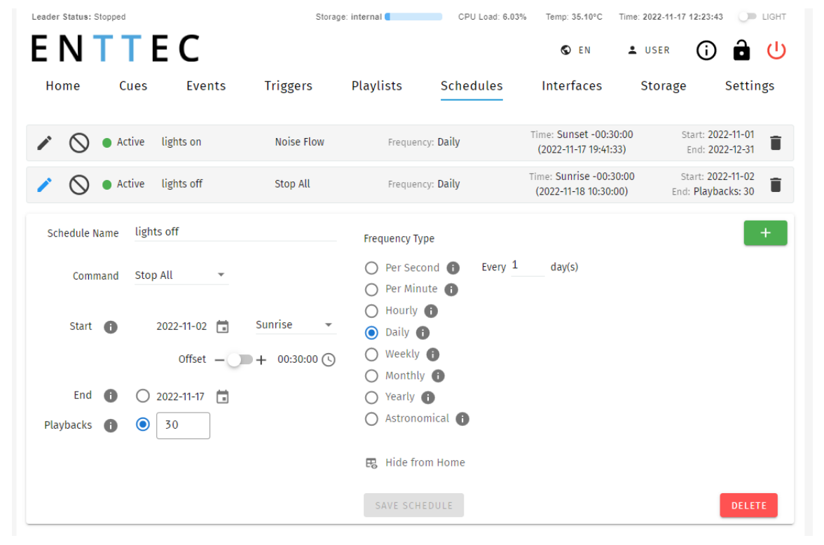 S-PLAY LITE Schedules page — list of created schedules with status, command, frequency, time and start/end dates, and the schedule editor with Frequency Type options