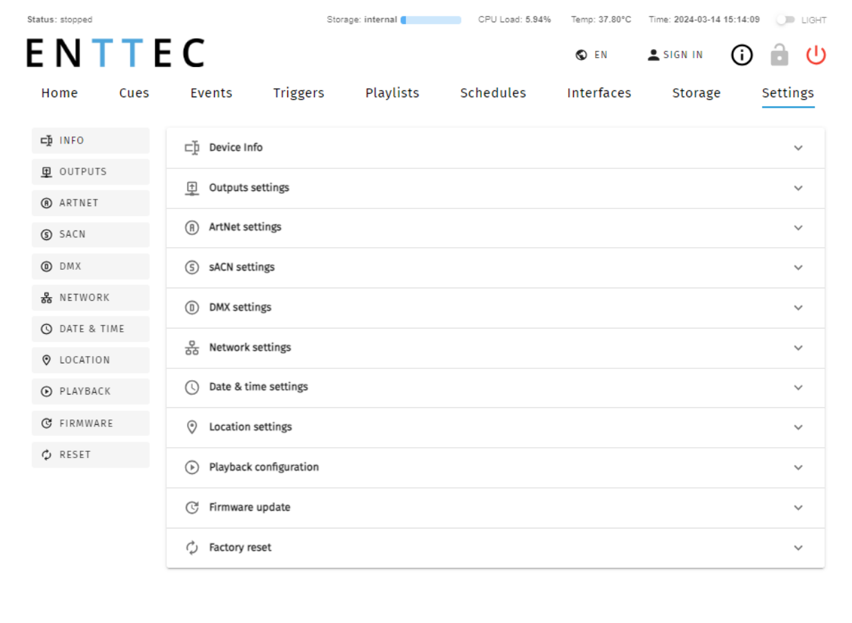 S-PLAY LITE Settings page — left-hand navigation (Info, Outputs, ArtNet, sACN, DMX, Network, Date & Time, Location, Playback, Firmware, Reset) and matching expandable settings panels