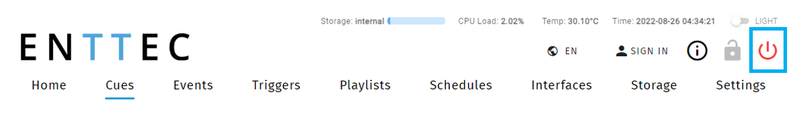 S-PLAY LITE web interface top bar with the red Power icon highlighted in a blue box in the top-right corner
