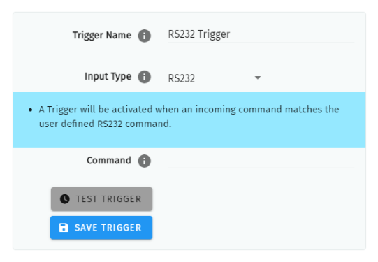 S-PLAY LITE RS232 Trigger configuration — Trigger Name, Input Type RS232, the activation rule and the Command field with Test Trigger and Save Trigger buttons