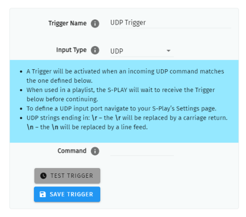 S-PLAY LITE UDP Trigger configuration — Trigger Name, Input Type UDP, the activation rules and the Command field with Test Trigger and Save Trigger buttons