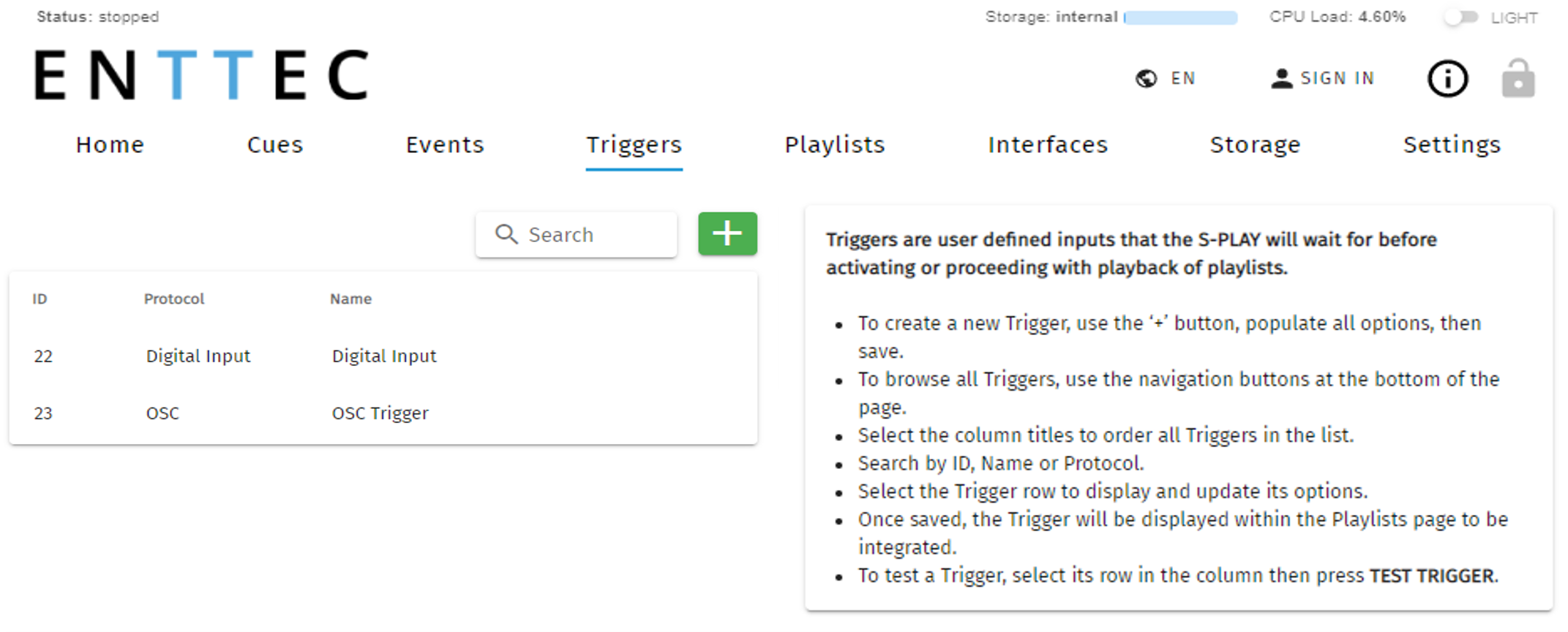 S-PLAY LITE Triggers page — list of created triggers by ID, Protocol and Name with a Search field, create + button and an instructions panel explaining how to create, browse, order, search and test Triggers