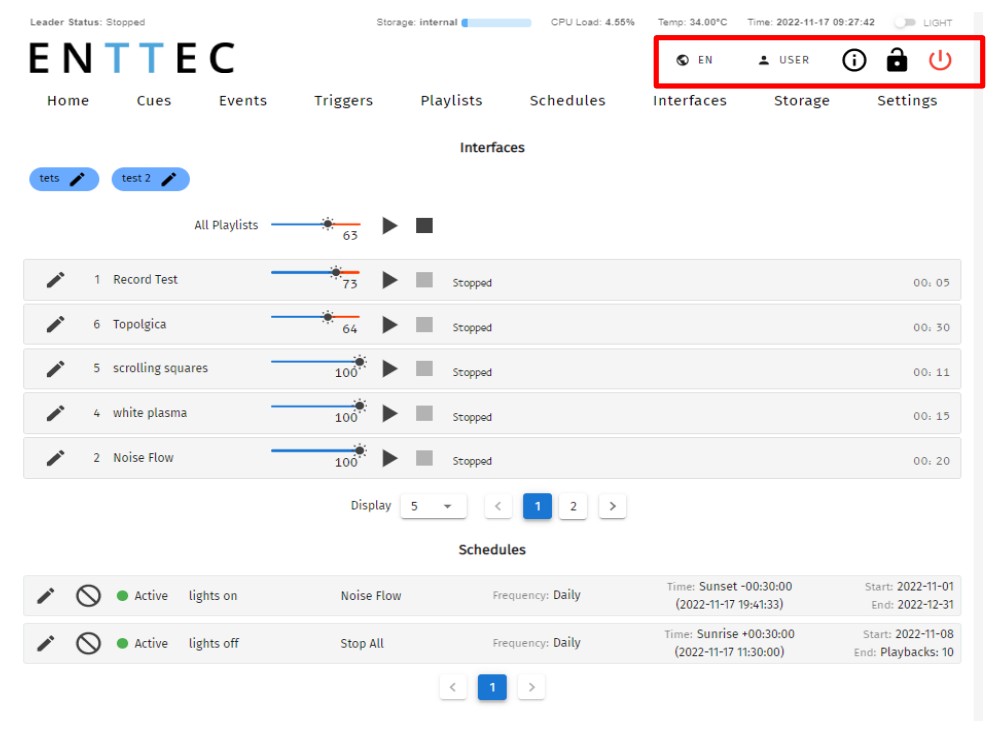S-PLAY LITE web interface top bar with the top-right user management controls highlighted in a red box — language (EN), Sign In, info, lock and power icons
