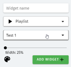 S-PLAY LITE Widget editor — Widget name field, function selector (Playlist), target playlist dropdown, Width slider set to 25%, colour picker and the green ADD WIDGET button