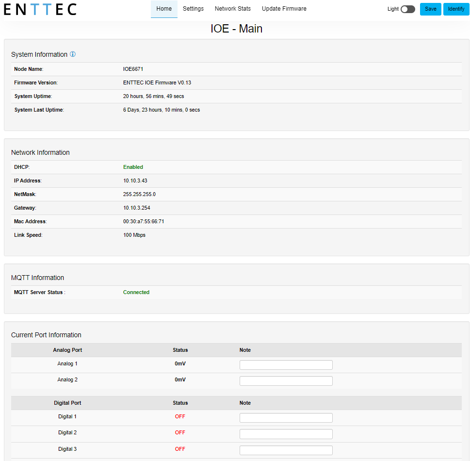I/O Extender web interface — Home tab showing System Information, Network Information, MQTT Information and Current Port Information panels