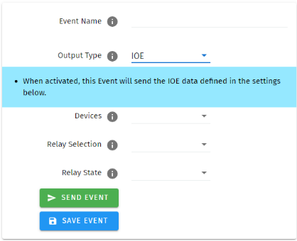 S-PLAY SP1-1 Event creation panel with Output Type set to IOE