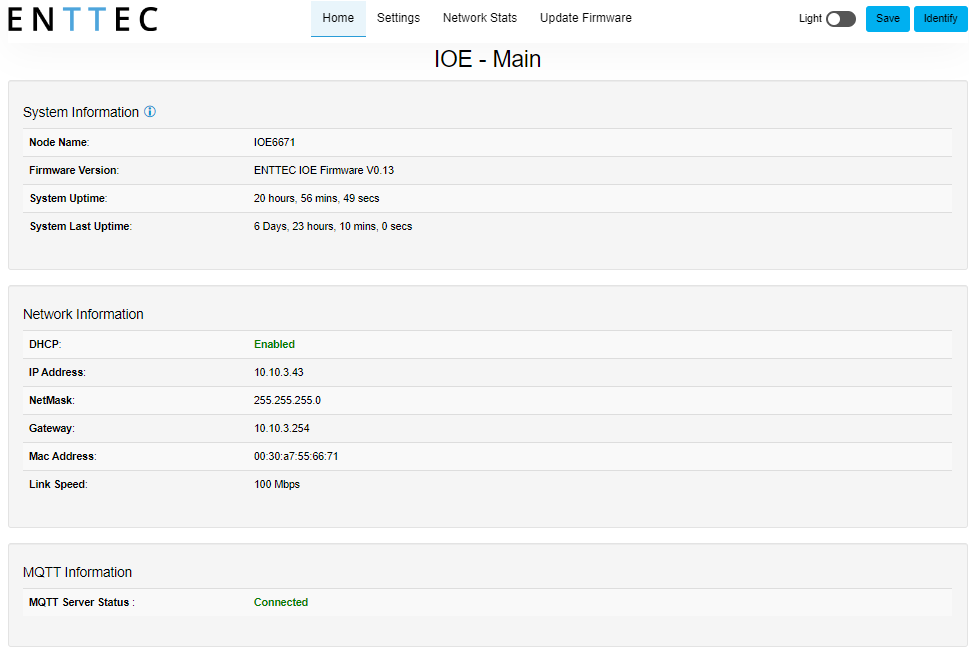 I/O Extender web interface — Home tab showing System Information, Network Information, and MQTT Information panels