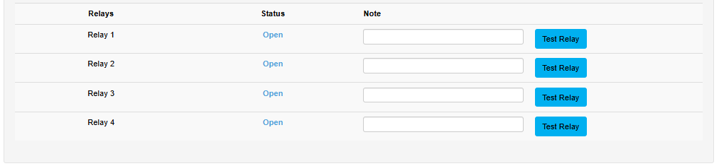 I/O Extender Home tab — Relay table with status and Test Relay buttons
